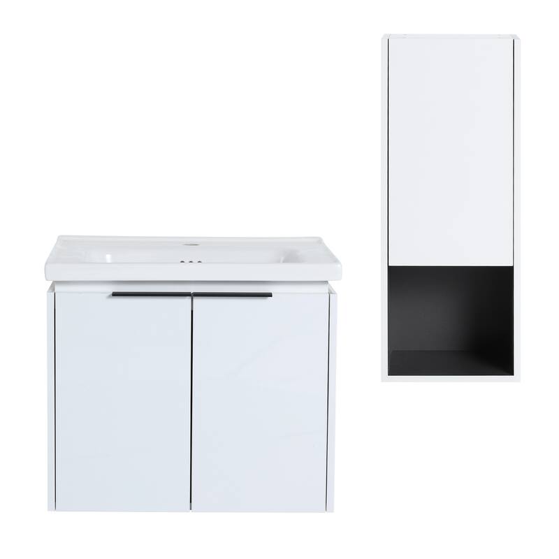 24" Wall-Mounted Bathroom Vanity with Ceramic Sink and Soft-Close Doors, Side Cabinet for Extra Storage