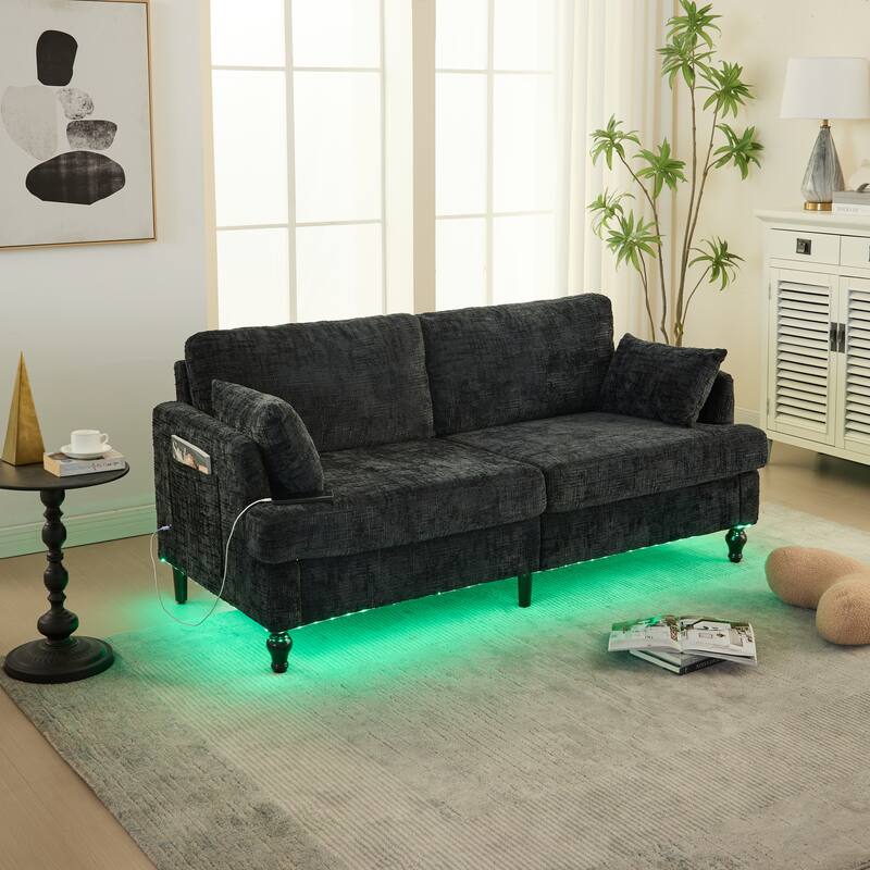 Modern Style Chenille 2-Seater Wood-Legged Sofa With Led Light,USB Charging Port And Storage Bag Living Room Bedroom Study Room