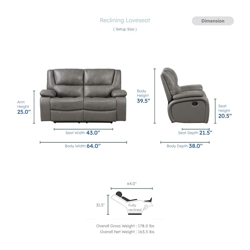 Fremont & Park Baron 65" Leather Manual Double Reclining Loveseat, Wall Hugger Design