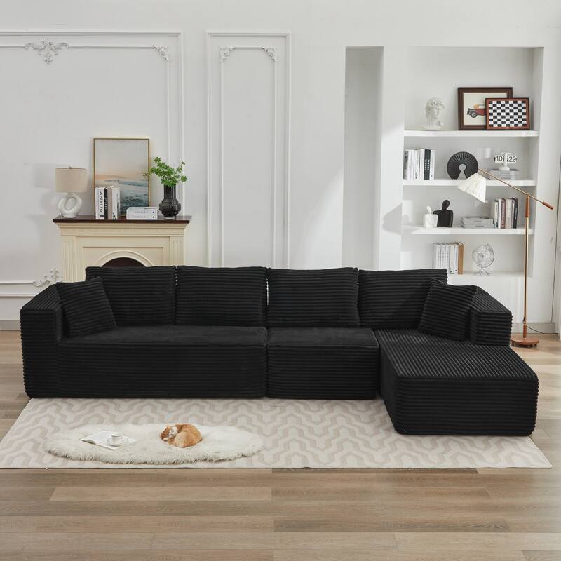 106" L-Shape Sectional Couch with Right Chaise, Deep Seat Modern Sofa, Black Corduroy, No Assembly