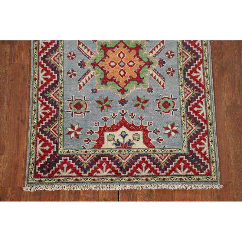 Light Blue Kazak Runner Rug Hand-Knotted Oriental Wool Carpet - 2'9" x 9'7"