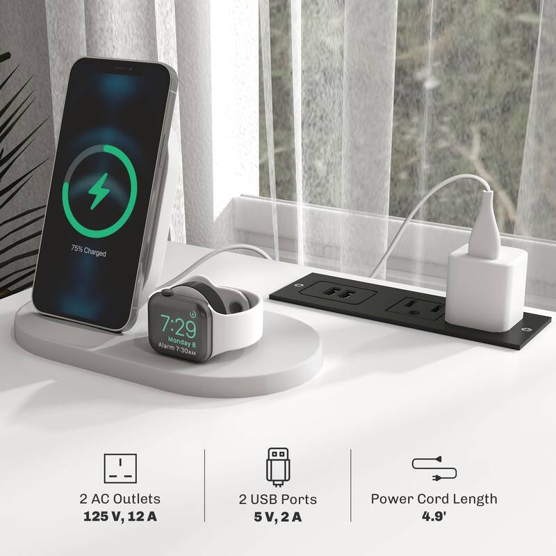 Set of 2 White End Tables with Drawer and 3-Tier Shelf USB Charging Ports and AC Outlets - 17.3" L x 15" W x 22.8" H