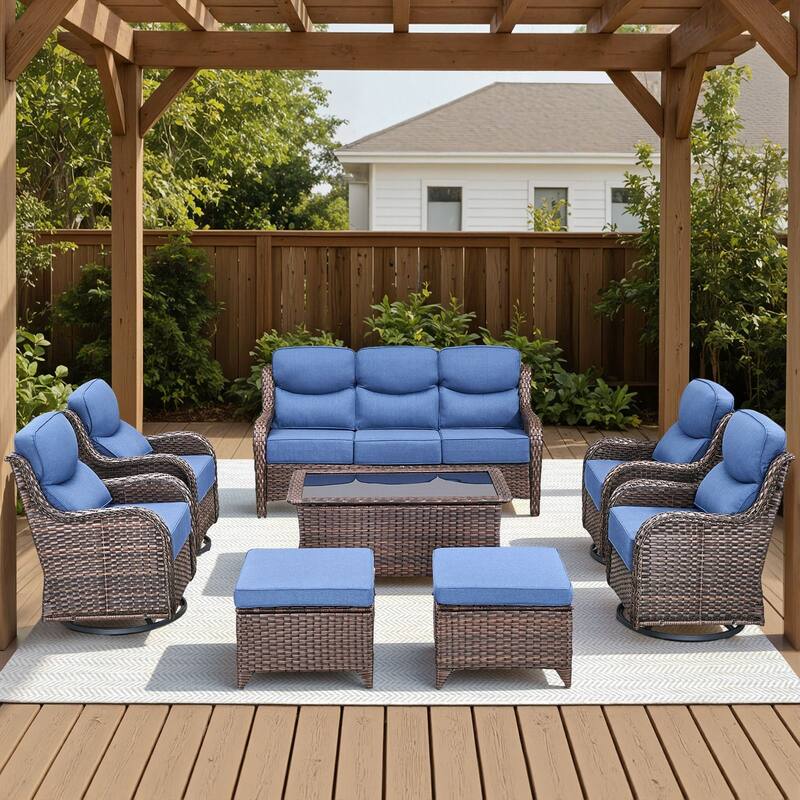 Arcadia 8-Piece Wicker Patio Conversation Set with Swivel Gliders and 6-Inch Thick Olefin Cushions - Navy Blue Cushions - Brown Wicker