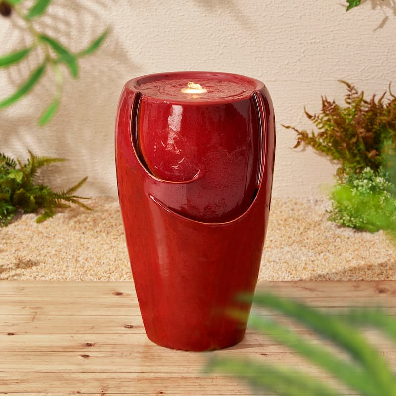 Demta 21-inch Ceramic Pot Fountain with Pum LED Light by Havenside Home - Red
