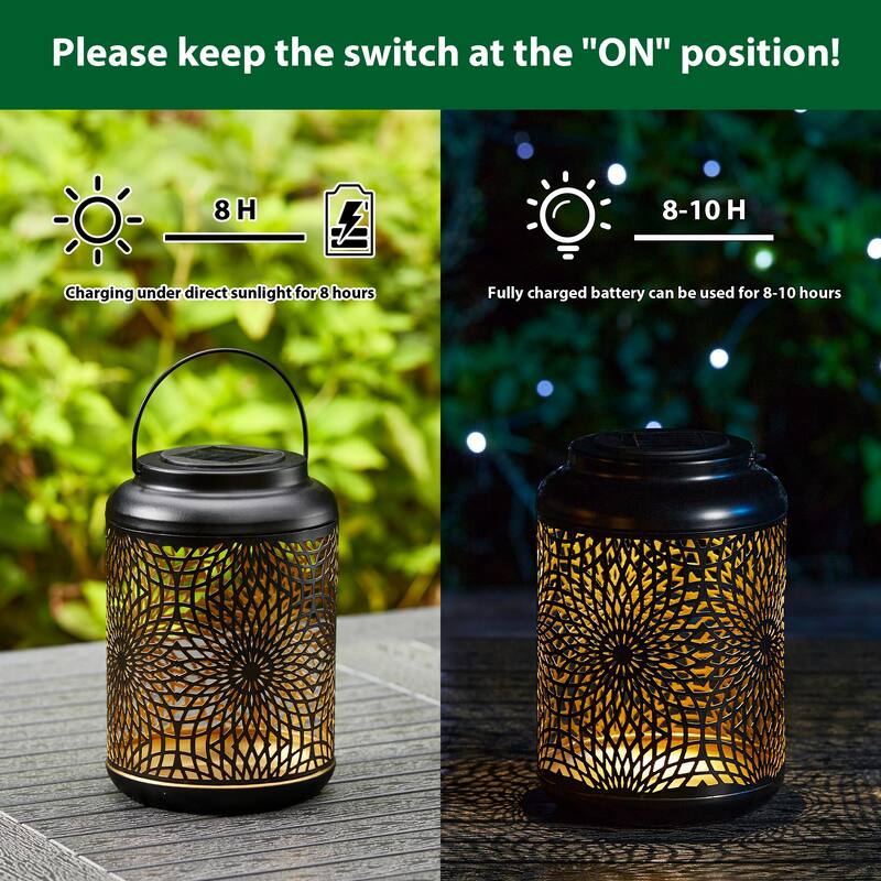 Glitzhome Set of 2 Metal Cutout Solar LED Outdoor Waterproof Hanging Lanterns