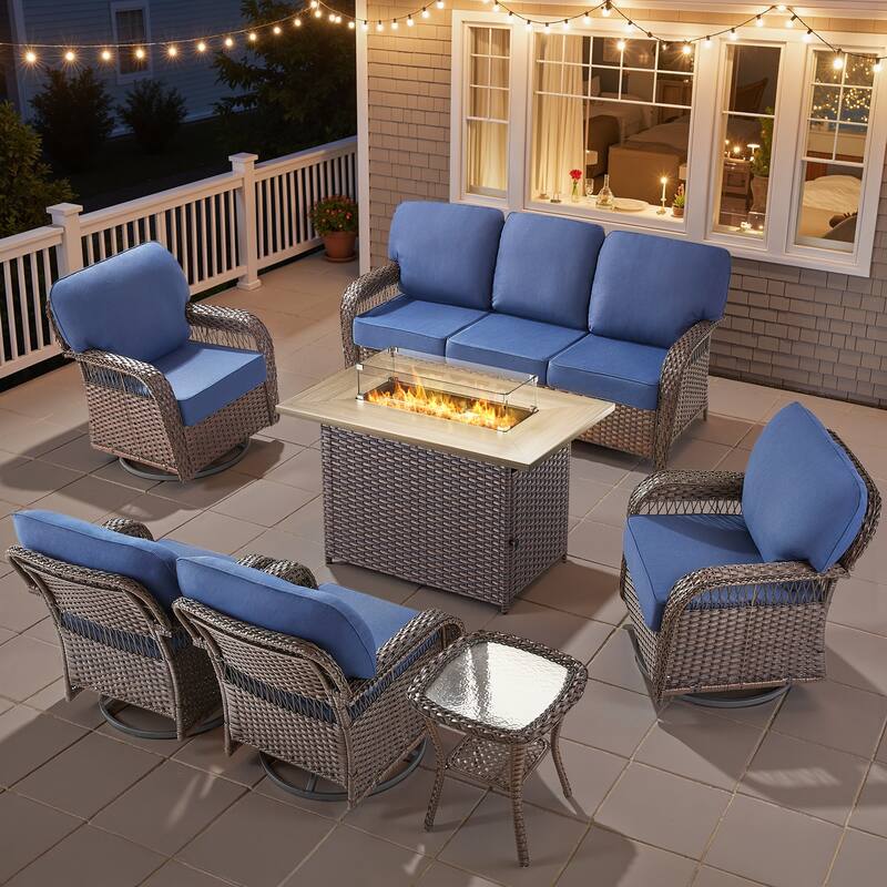 Pocassy Outdoor Fire Pit Table with Swivel Chair Sofa Ottoman Funiture Set. - Brown Wicker Blue Cushion - 7-Piece Sofa Swivel Chair Table w/ Fie Pit Table