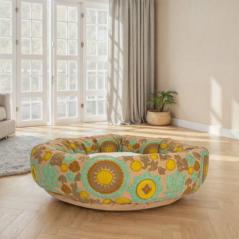 Cotton and Sherpa Pet Bed with Floral Design - 24.0"L x 24.0"W x 6.0"H - Green