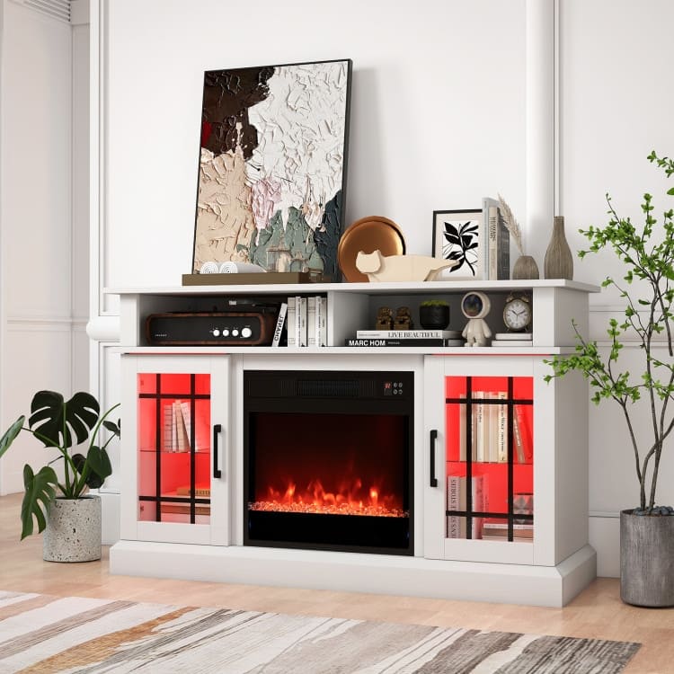 MDF Fireplace TV Stand with RGB LED, Remote and Storage - 48" L x 16" W x 29" H