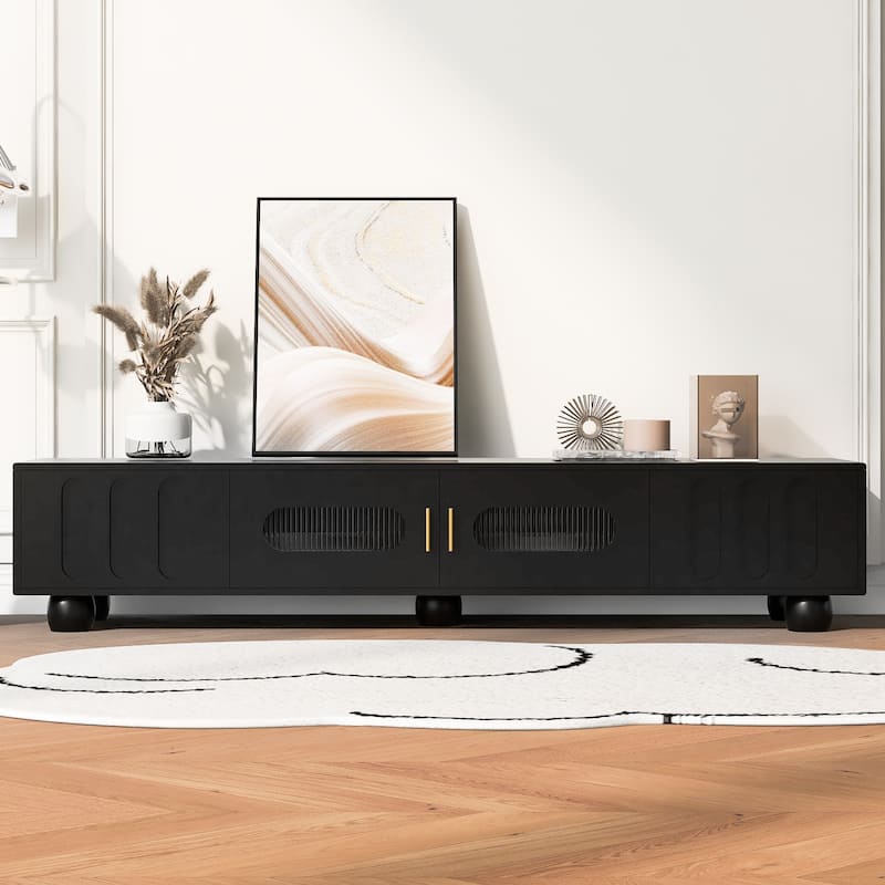 Media Console for TVs Up to 80", Entertainment Center with Glass Door, TV Storage Cabinet with Solid Wood Legs and Metal Handles