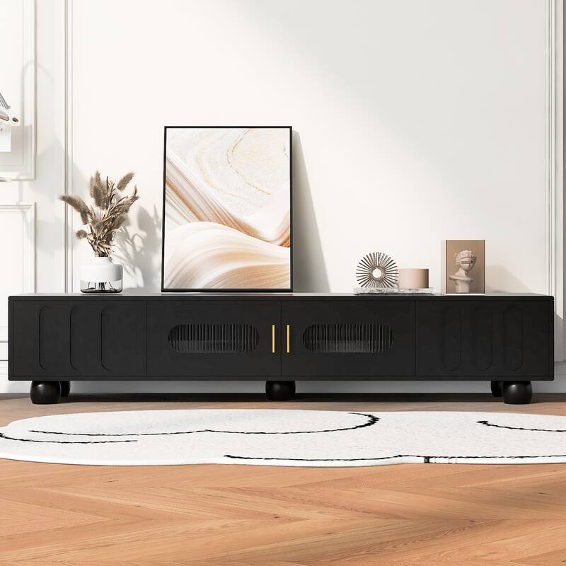 Roomfitters Modern TV Stand for up to 80 Inch TV, Storage Cabinet with Glass Door, Wood Legs and Metal Handles, Black