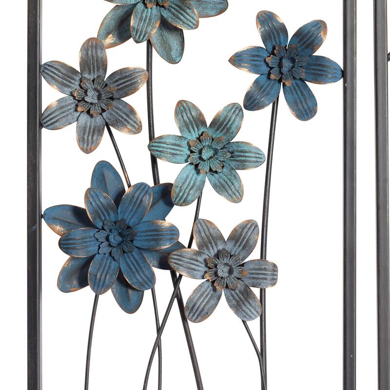 Teal Metal Floral Home Wall Decor with Black Frames and Gold Accents (Set of 2)