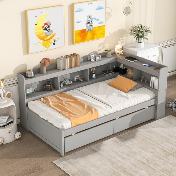 slide 2 of 17, Pine Wood Twin Bed with L-Shaped Bookcases and Storage Drawers Gray
