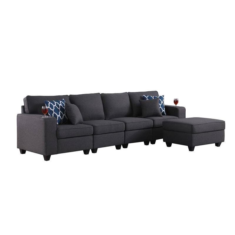 Linen Upholstered 4-Seater Sofa with Ottoman in Dark Gray