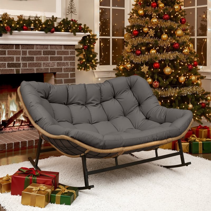 FINCATI Oversized Double Rocking Chair Outdoor Indoor, 40" D x 58" W Double Papasan Rocking Chair with Padded Cushion