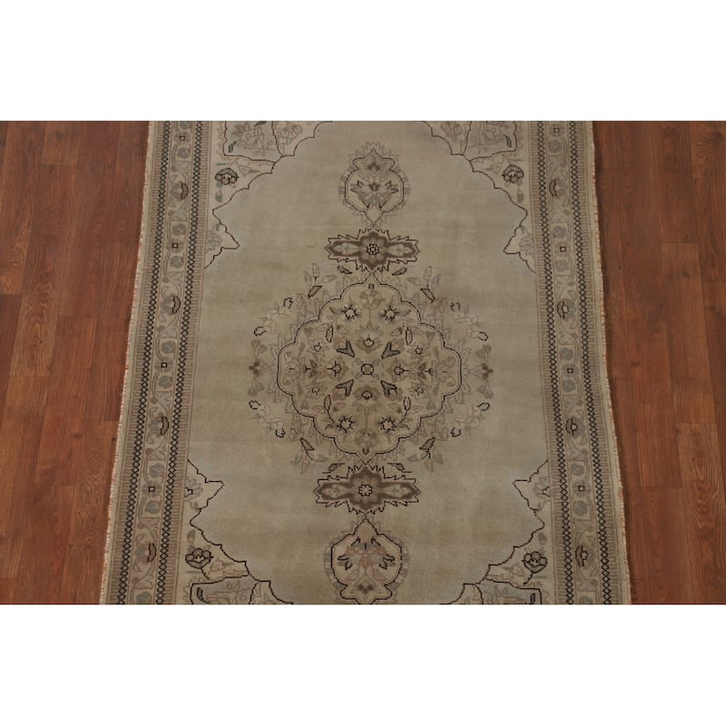 Geometric Tabriz Persian Vintage Rug Hand-Knotted Beige Wool Carpet - 3'6"x 5'3"