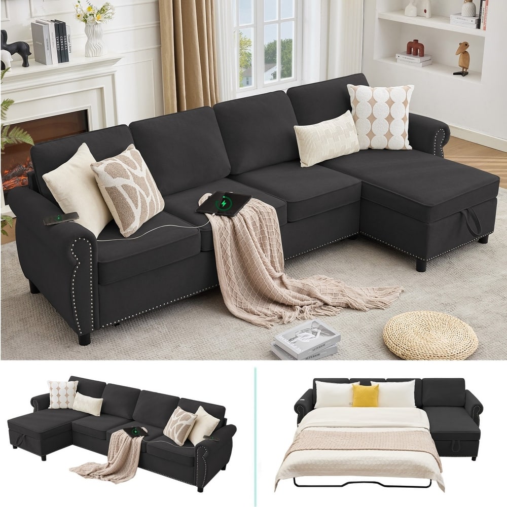 106.5" L-Shaped Flannelette Sectional Sofa with Pull-Out Bed