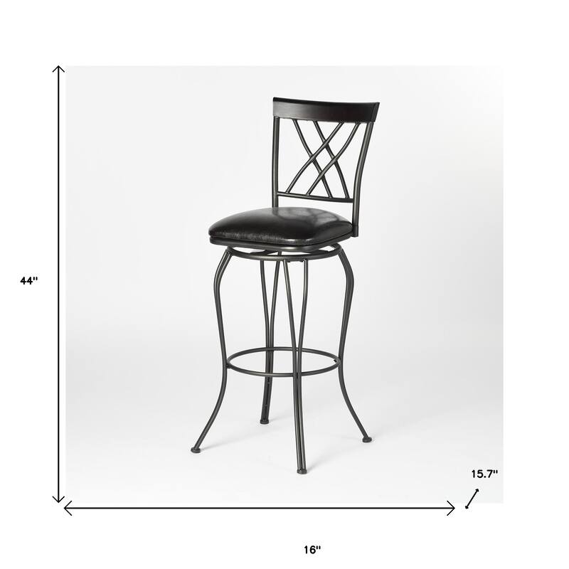 HomeRoots Set of Two 30" Black Faux Leather and Iron Bar Height Swivel Bar Chairs