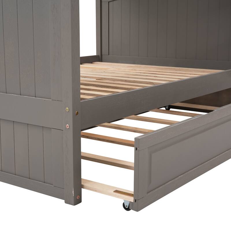 Full Over Full Bunk Bed with Twin Trundle, Pine Wood, Brushed Gray, Space-Saving Solution