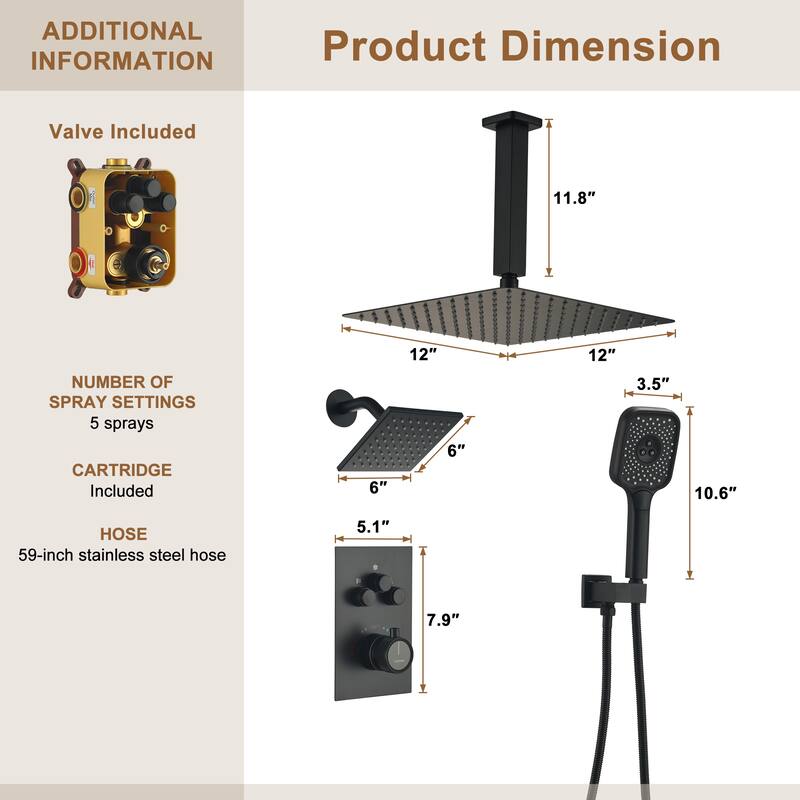 Celling 12 Inch Rainfall Shower Head 3 Function Thermostatic Shower System