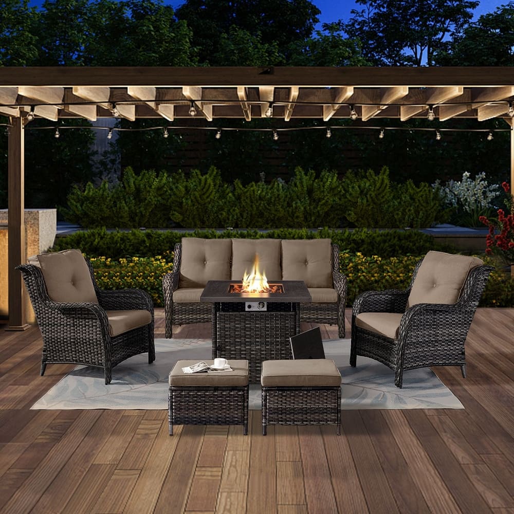 Gymojoy 6-Piece Outdoor Wicker Patio Furniture with Fire Pit Table, Rattan Coversation Set with Water Resistant Thick Cushions