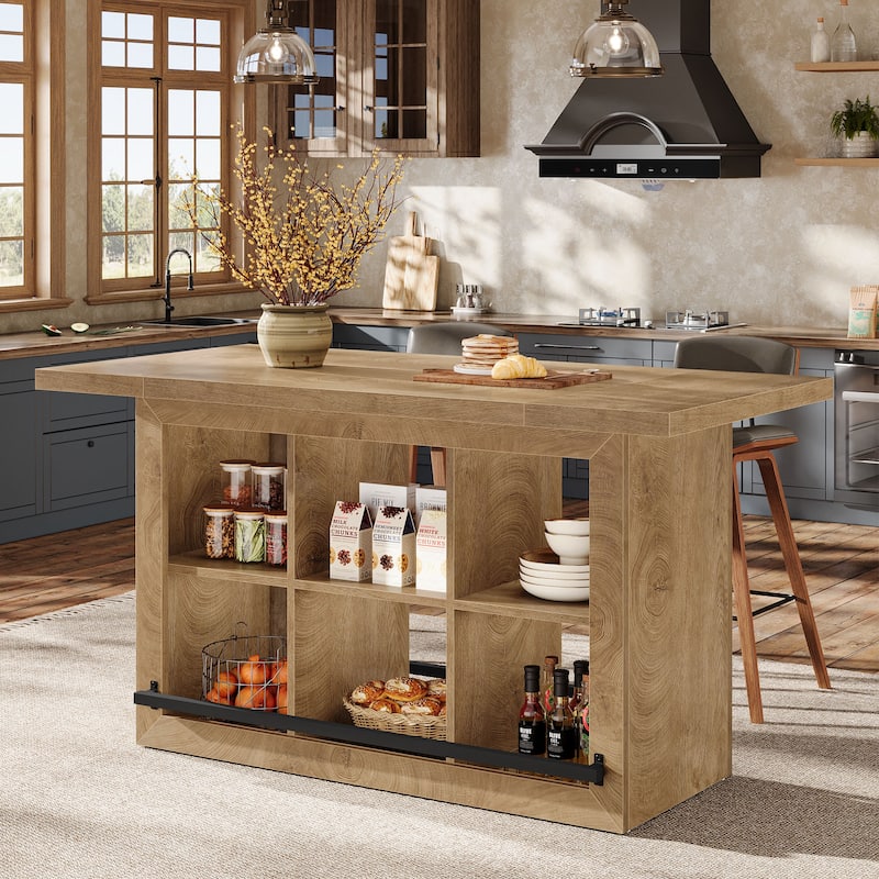 Kitchen Island with 6 Cubbies, Counter Height Kitchen Island Table - Rustic Brown