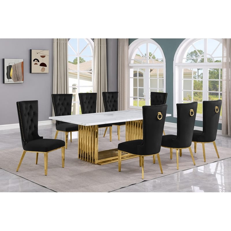 Best Quality Furniture D312/3-SC330-7 Dining Set with 79" White Marble Top - 9-Piece - Black / Gold