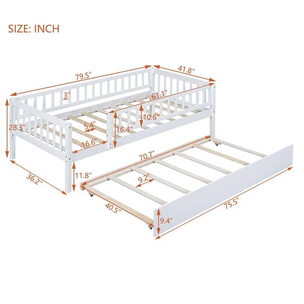dimension image slide 3 of 8, Wood Daybed with Trundle and Fence Guardrails