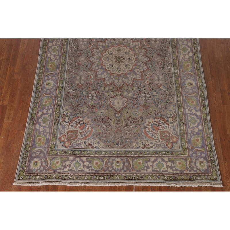 Gray Floral Tabriz Persian Vintage Area Rug Handmade Wool Carpet - 6'7" x 9'10"