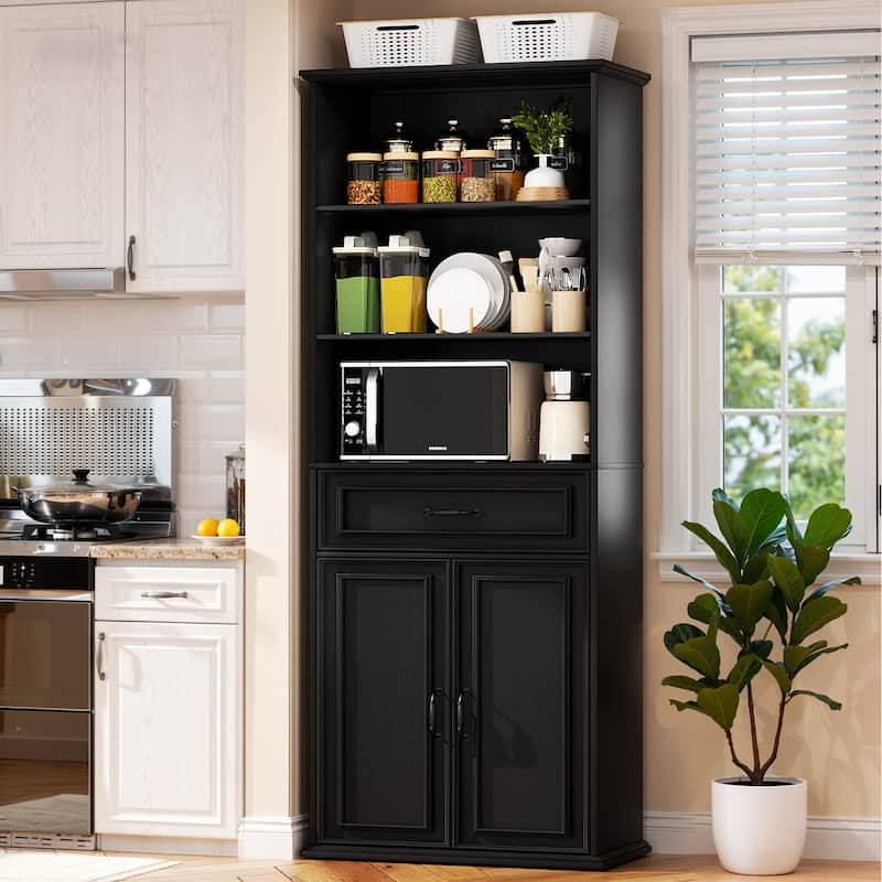 Farmhouse 25'' Kitchen Pantry Cabinet with Drawer ＆ Doors, Freestanding Cupboard with Storage Shelves for Kitchen, Dining Room - Retro Black