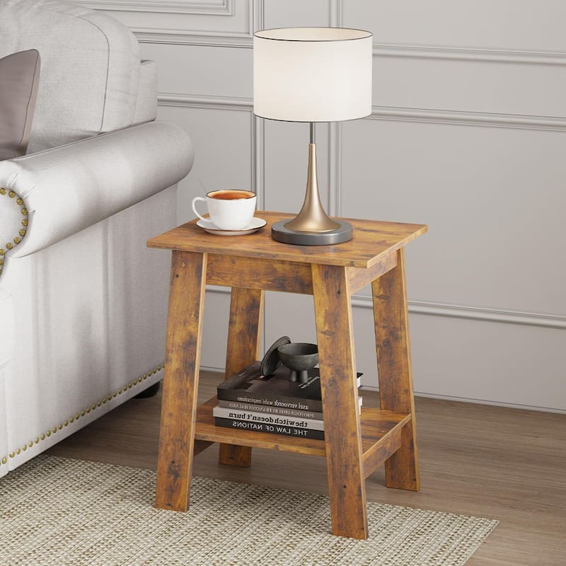 , Rustic Side Table with Storage Shelf, Small Center Table - Yellow