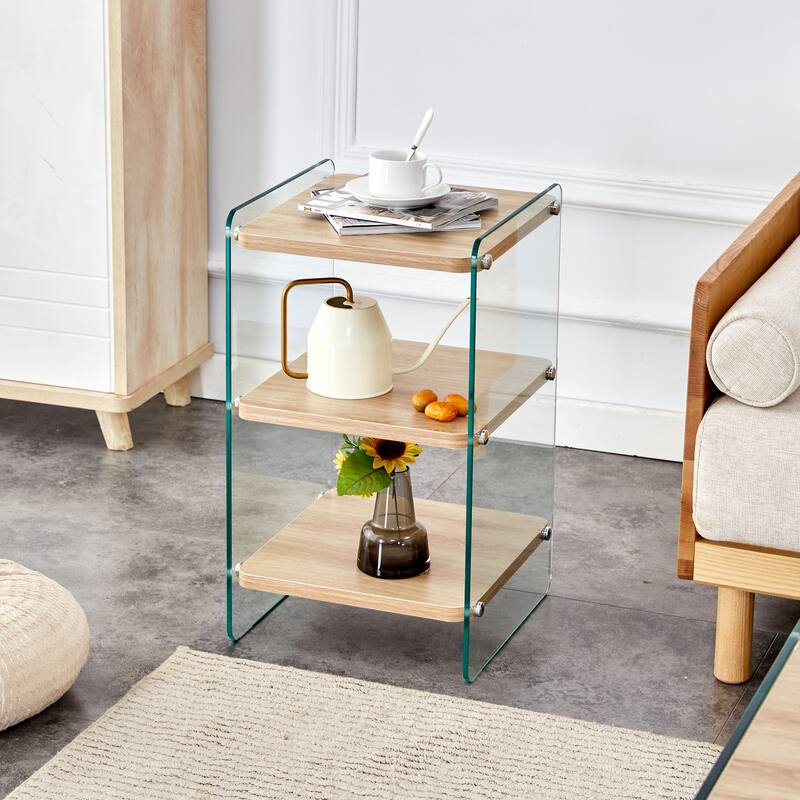 14" Modern Square Side Table with Tempered Glass Legs and Storage Shelfs for Living Room or Bedroom - Wood