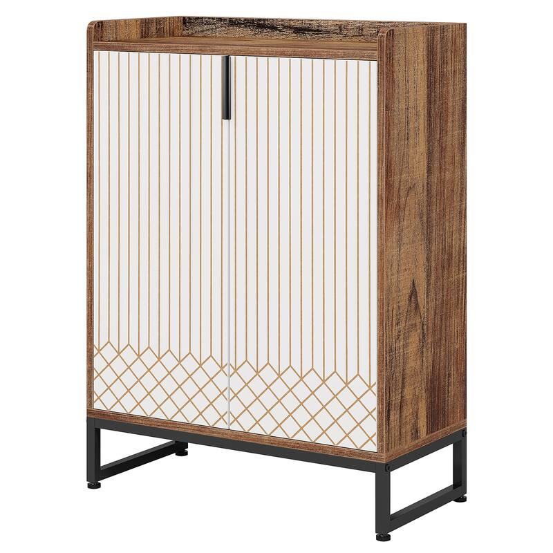 29" Brown & White Shoe Cabinet with Doors, 5 Tiers