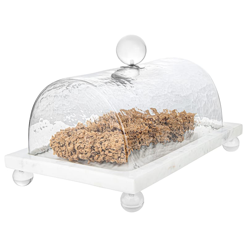 Marble Cake Plater with Glass Cover with Clear Ball Knob - 10.4"L - Marble Knob