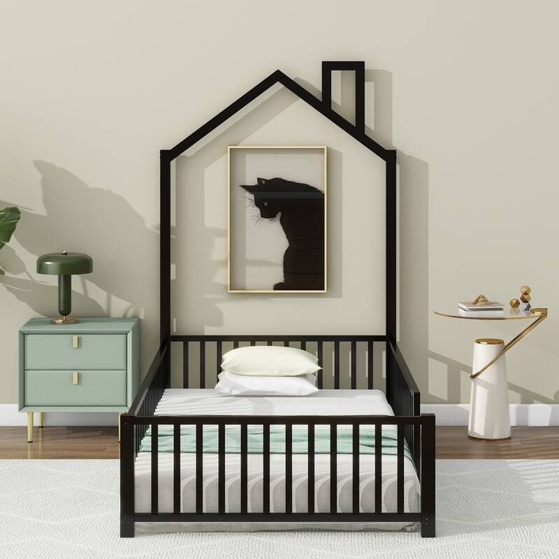 Metal platform bed with guardrail and chimney