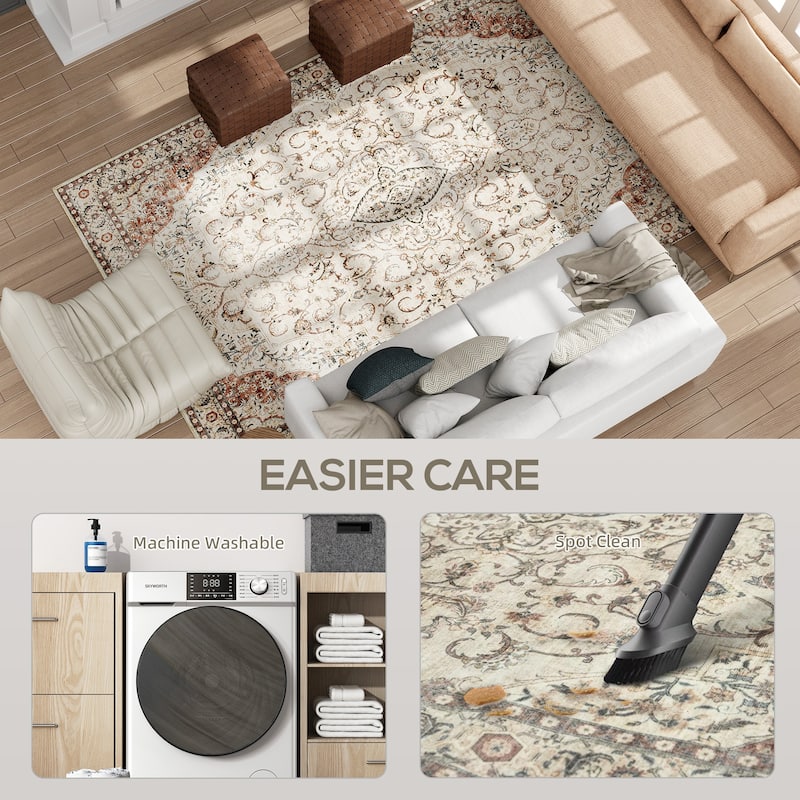 HOMCOM Area Rug 8x10, Machine Washable Rug, Non-Slip Classical Floral Print Floor Cover Foldable Carpet for Living Room
