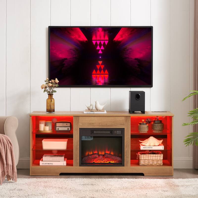 57.87" Fireplace TV Stand with 7 Color LED Flames and USB Charging