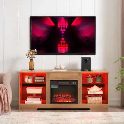 Fireplace TV Stand with LED Lights, TV Console with USB Charging Outlet, Entertainment Center with Adjustable Glass Shelves