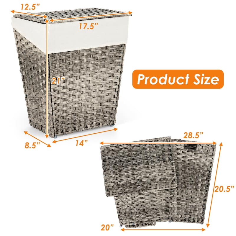 Gymax Handwoven Laundry Hamper Foldable w/Removable Liner, Lid & - 17.5'' X 12'' X 21''