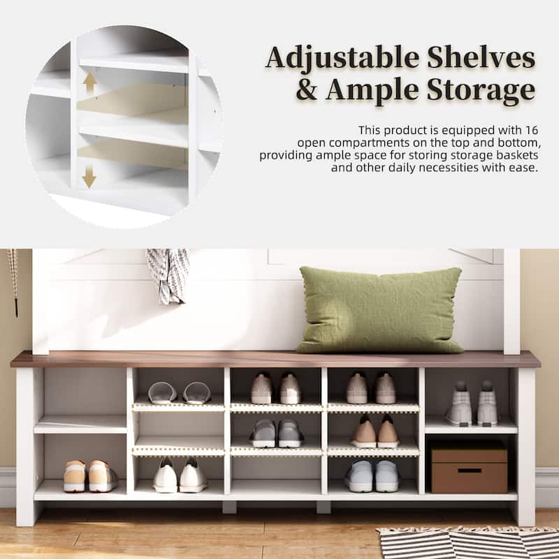 Farmhouse 4-in-1 Hall Tree with 6 Hooks, Walnut Entryway Bench with Adjustable Shelves & 16 Open Compartments