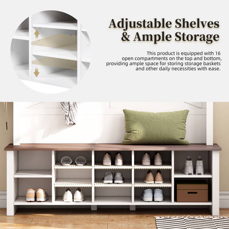Hall Tree Entryway Bench with 6 Hooks, Rustic White Shoe Organizer with 16 Open Compartments for Mudroom