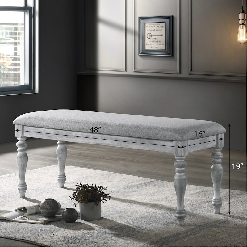 Roundhill Furniture Salines Upholstered Turned Leg Dining Bench, Rustic White