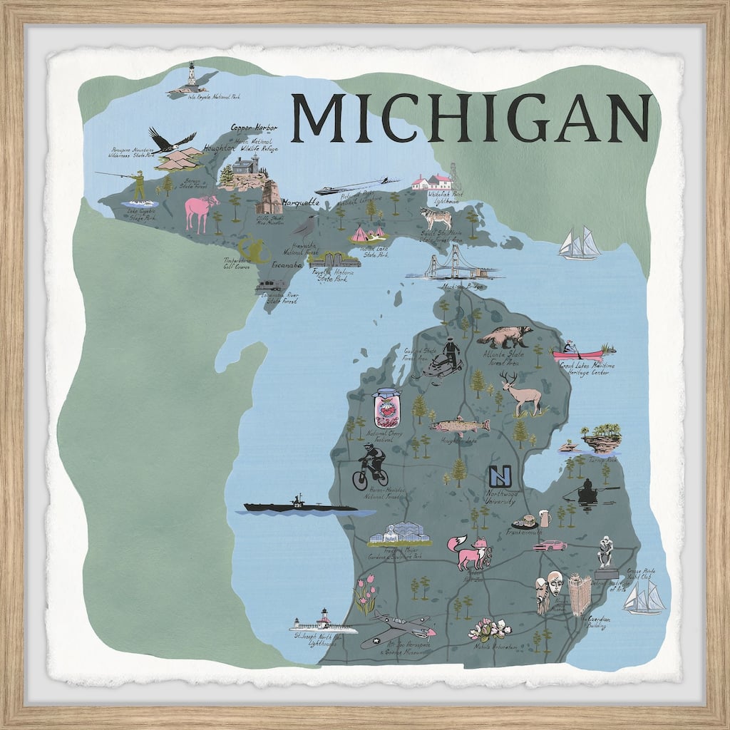 'Michigan Attractions Map' Framed Painting Print