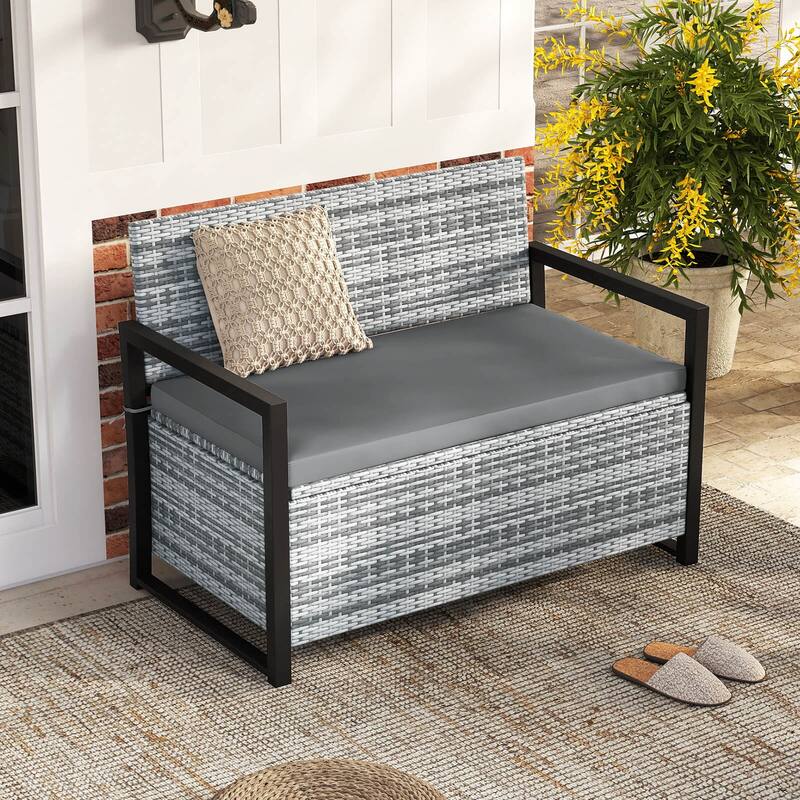 Costway Patio Storage Bench Wicker Loveseat with Built-in Storage & - See Details