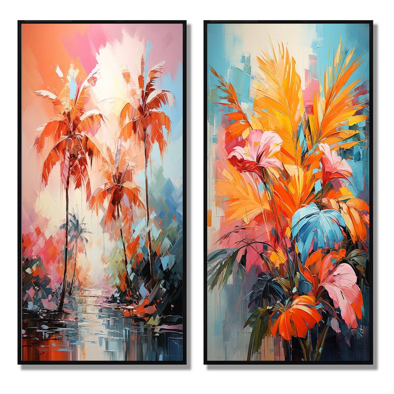 Designart "Orange Pink Palm Trees Abstract" Palms & Palm Trees Framed Wall Art Set Of 2 - Wall Set For Home Decor