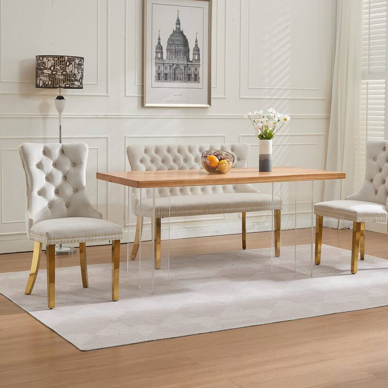 Roomfitters Upholstered Loveseat Bench with Nailhead Trim and Gold Metal Legs, Modern High Back Settee for Dining Room, Beige