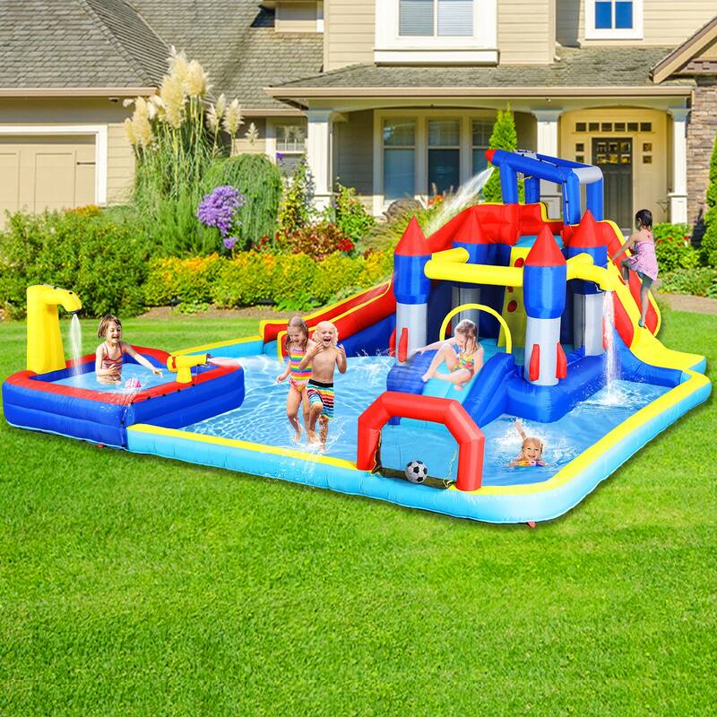 10 in1 Inflatable slide water park bouncing house garden with splash pool & water gun & basketball & climbing wall - Multicolor