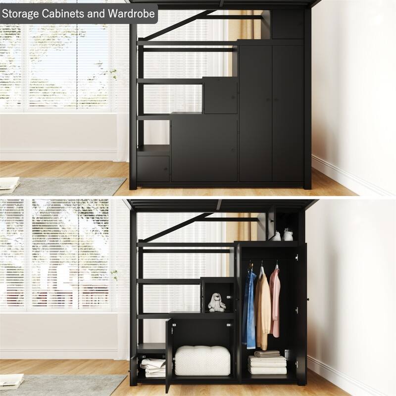 Full Size Loft Bed with Bulit-in Wardrobe and Cabinets, Metal Loft Bedframe with Storage Staircase and Open Shelves