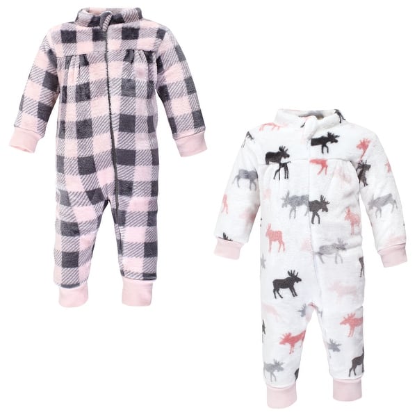 slide 1 of 1, Hudson Baby Infant Girl Plush Jumpsuits, Pink Moose 0-3 Months - Pink Moose