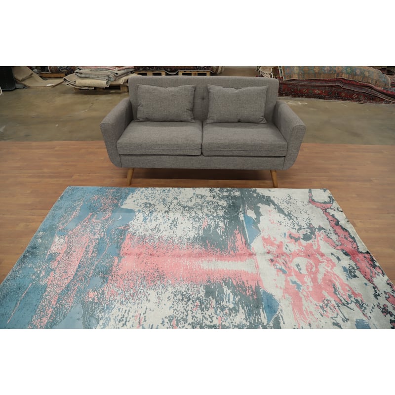 Hand Knotted Oriental Viscose Silk Carpet Modern Pictorial Multi-Colored Abstract Area Rug - 7' 11'' X 5' 8''