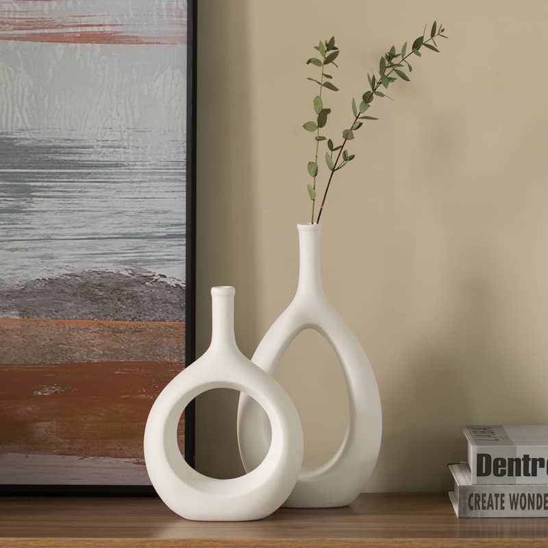 Contemporary White Ceramic Unique Shaped Flower Table Vase Centerpiece - Set of 2